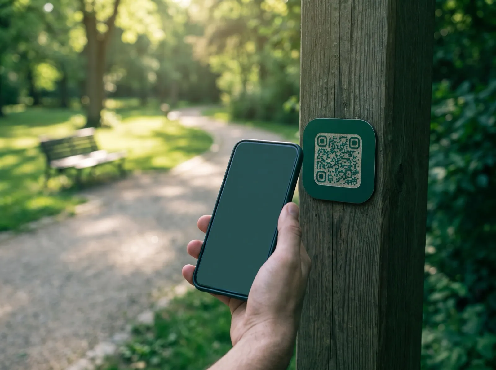 Bir park direğine asılı karekodu telefonuyla okutan kişi